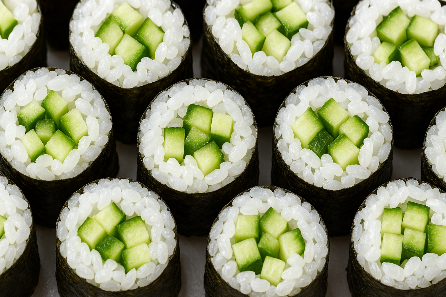 close-up photo of multiple sushi rolls (maki)