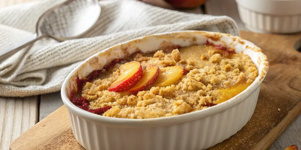 Freshly baked Nectarine Crisp in a rustic dish